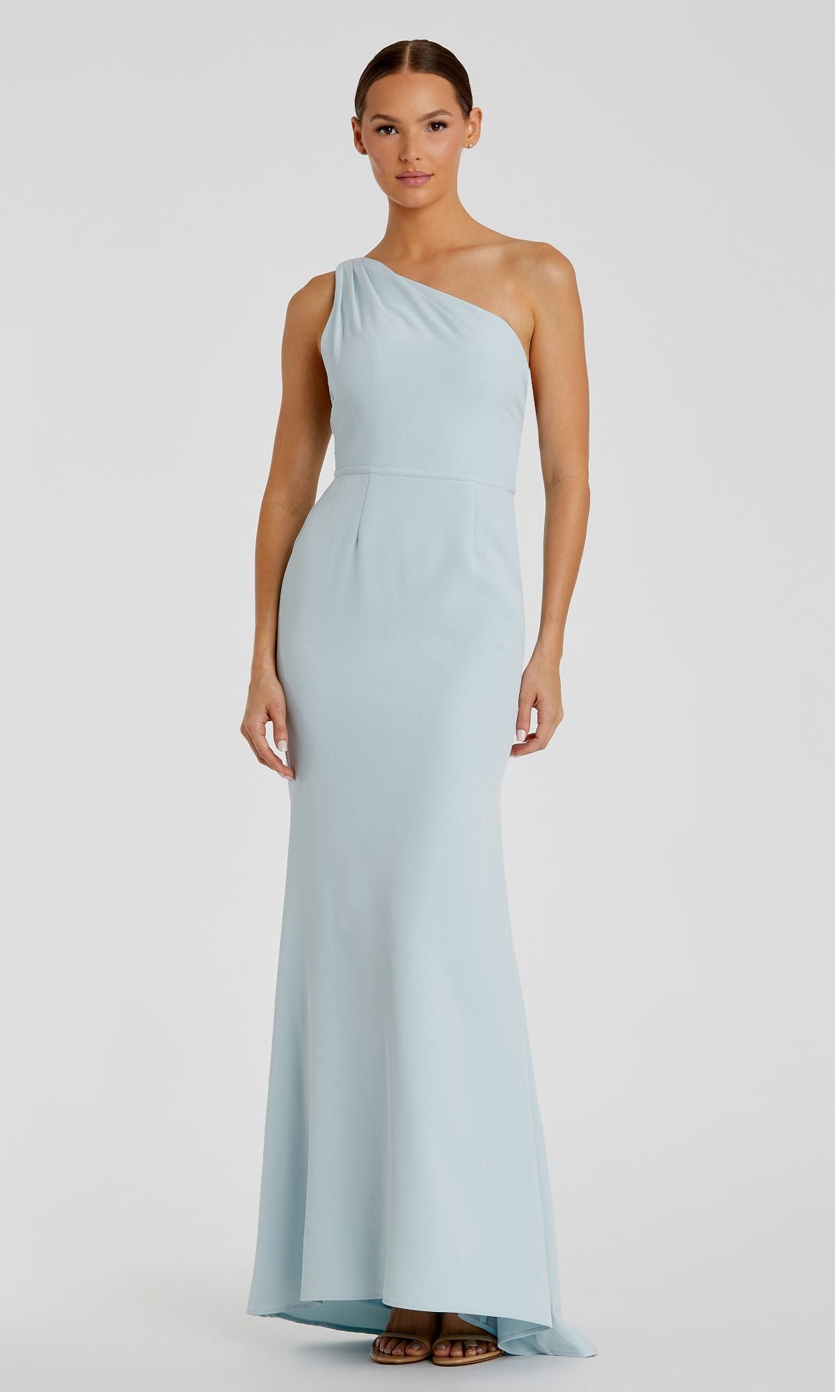 A woman faces forward against a plain background, wearing the light blue Mac Duggal One-Shoulder Strappy-Back Long Formal Dress 26266.